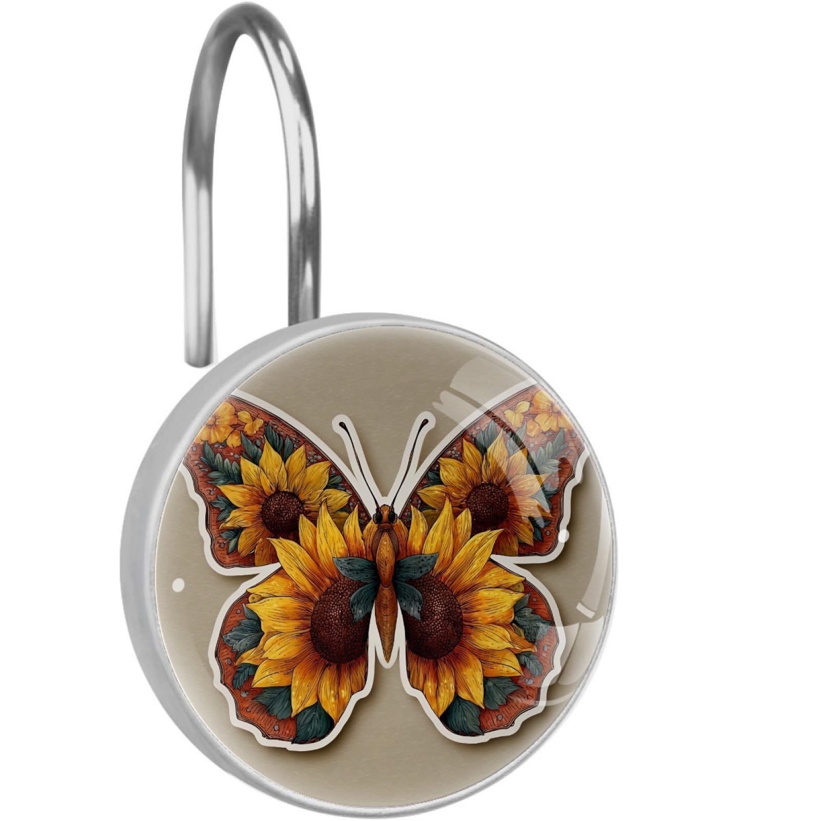 VAPOKF Shower Curtain Hooks, Sunflower Butterfly Rust Proof Decorative Shower Curtain Rings, Modern Farmhouse Designer Shower Curtain Hangers for Bathroom, 12Pcs