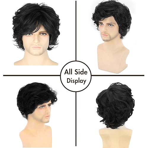 Miniatura 3 de Peluca negra corta para hombre, peluca de cabello ondulado y esponjoso para hombres y niños, cabello sintético natural para disfraz de Halloween