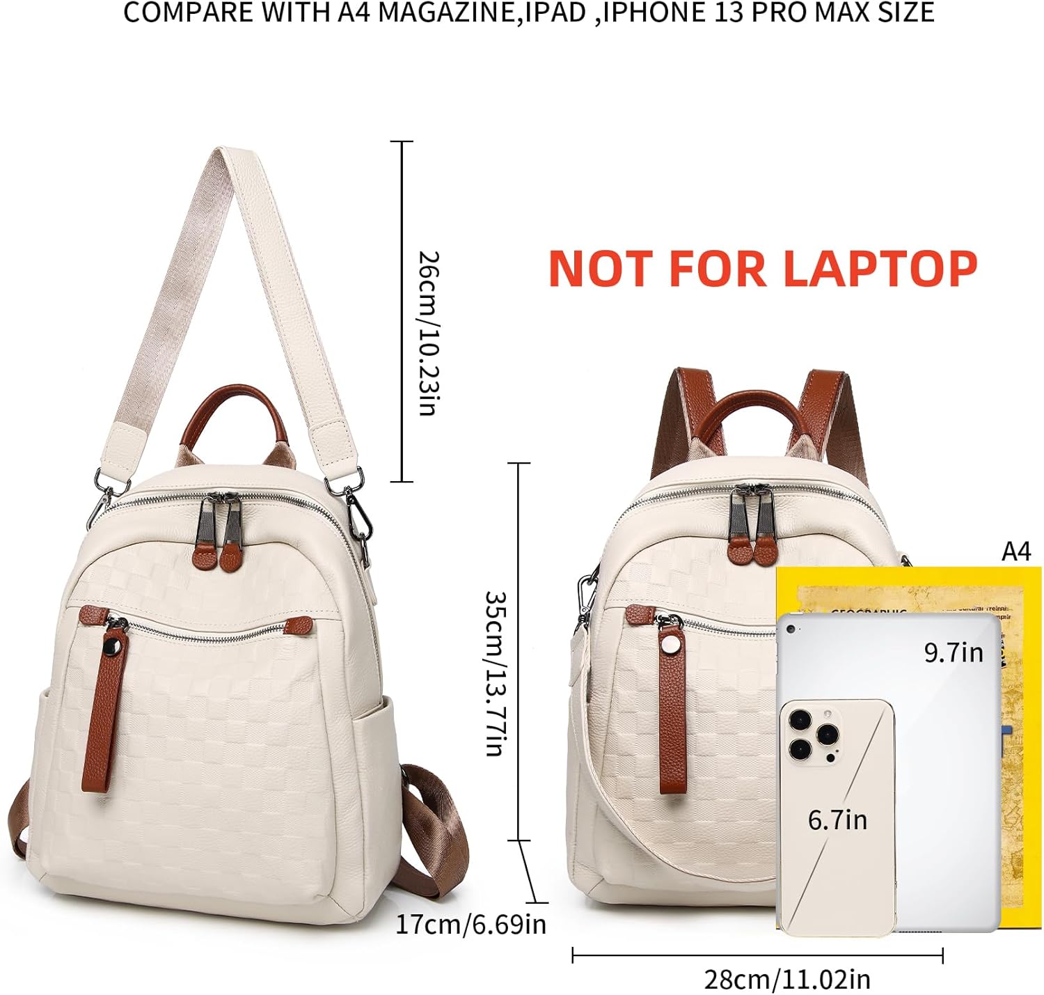 Genuine Leather Backpack Purse For Women Beige Real Soft Leather Checkered Designer Convertible Shoulder Bag - Image 7