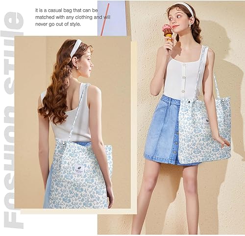 Vista 91 de Tote - Bolsa de hombro reutilizable de pana de gran capacidad con bolsillos interiores para mujeres y niñas Rayas