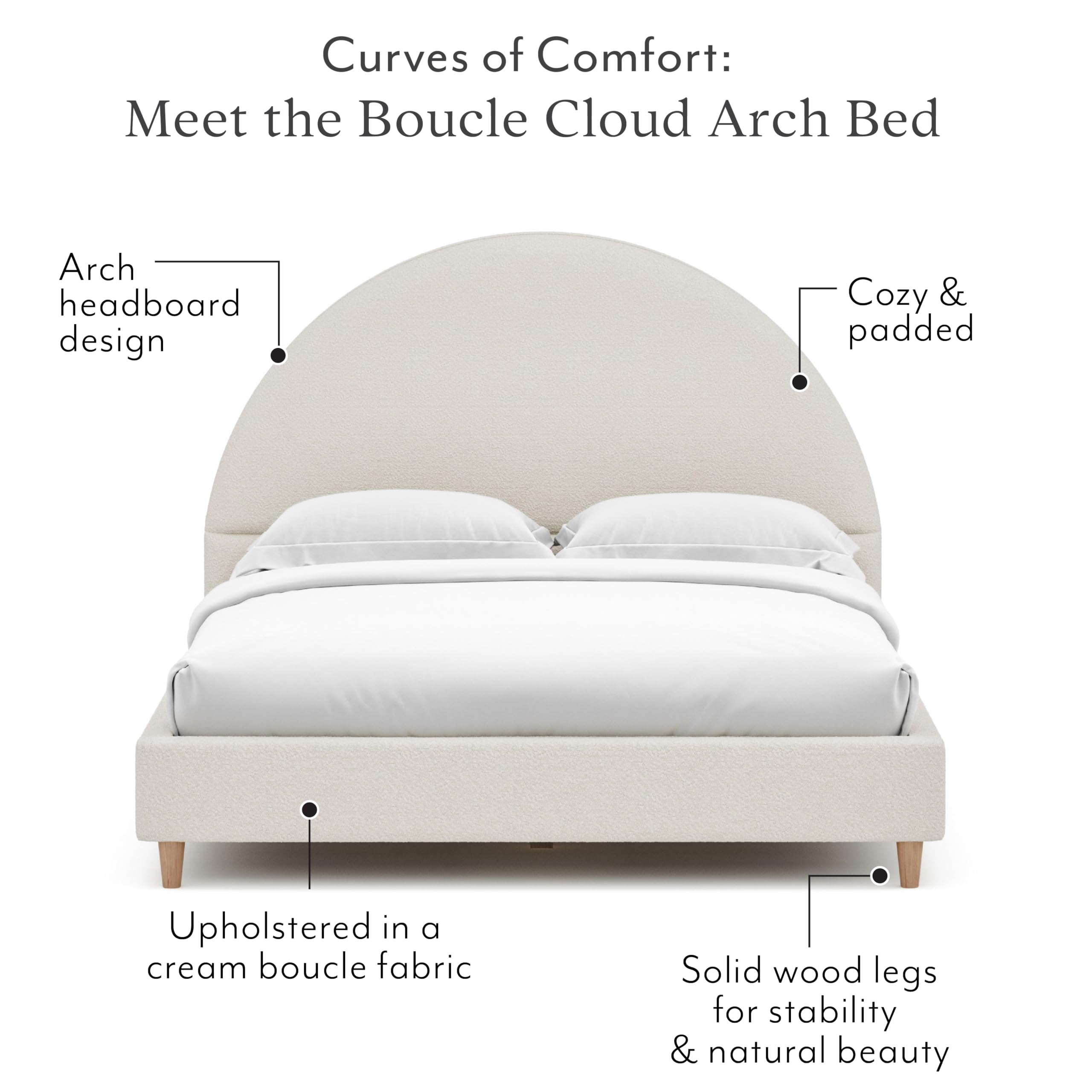 DG Casa Boucle Cloud Bed Frame with Arch Shaped Headboard, Upholstered in Soft Fabric, Platform Bed Frame with Solid Wood Legs - Boho or Modern Style - No Box Spring Needed - Queen Size: Cream Boucle Queen