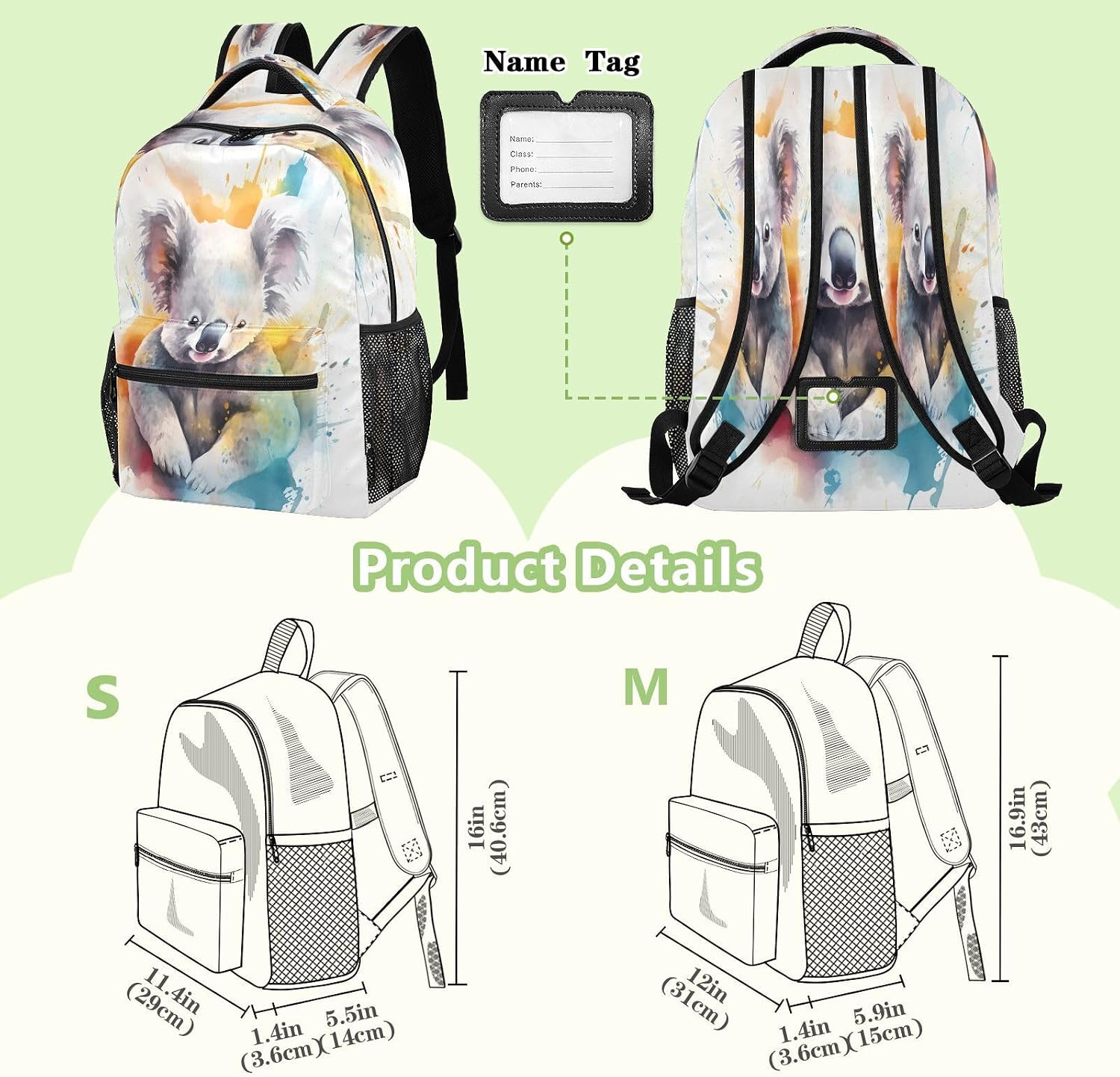 ALAZA Watercolor Koala Colorful Medium Backpacks Travel Laptop Daypack School Bags for Teens Men Women image 3
