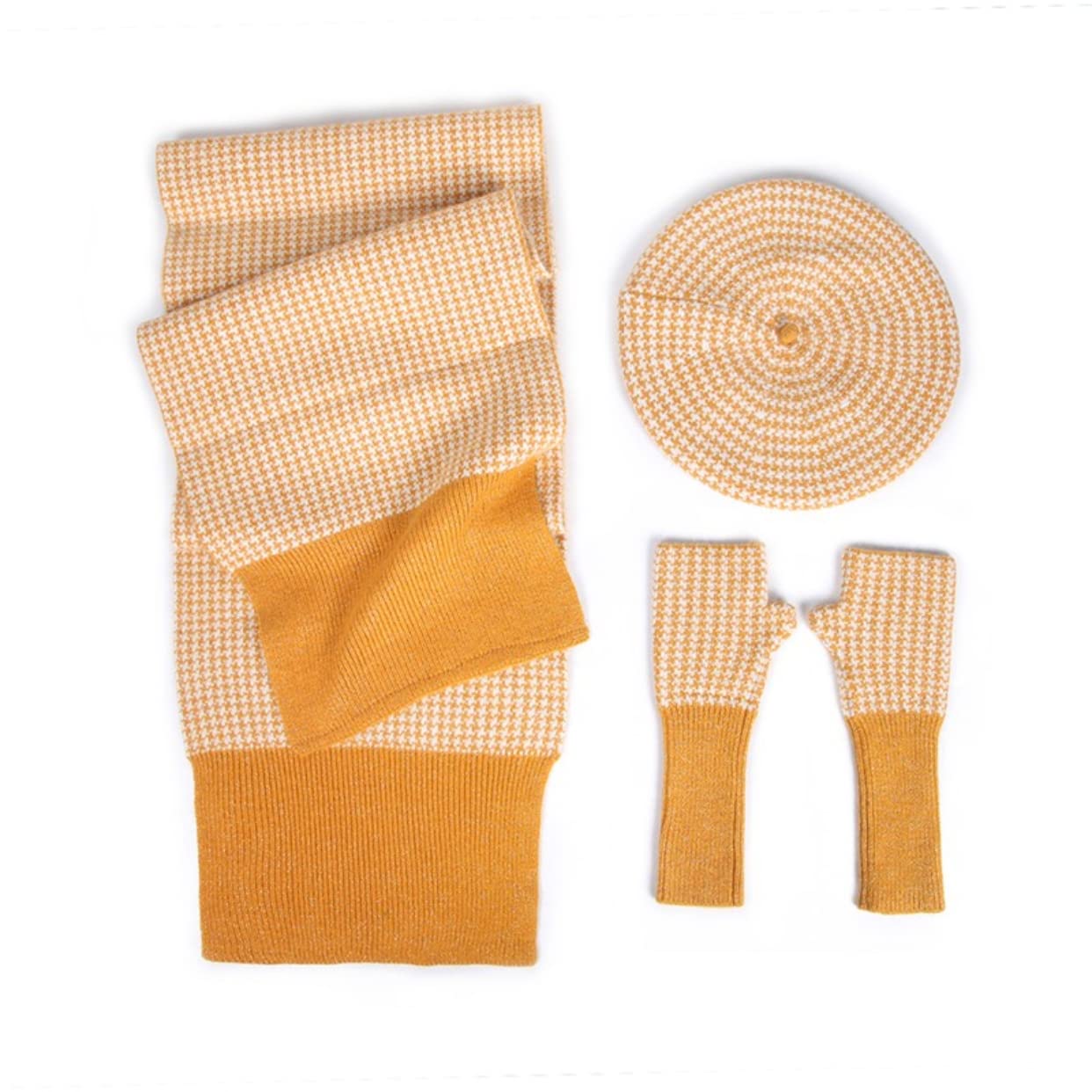 Dajingkj Baskenmütze für Damen, 3-teiliges Hut, Schal, Handschuhe, Set, Mädchen, Mode, fingerlose Handschuhe, Baumwolle, Winter-Geschenk-Set, gelb, Einheitsgröße
