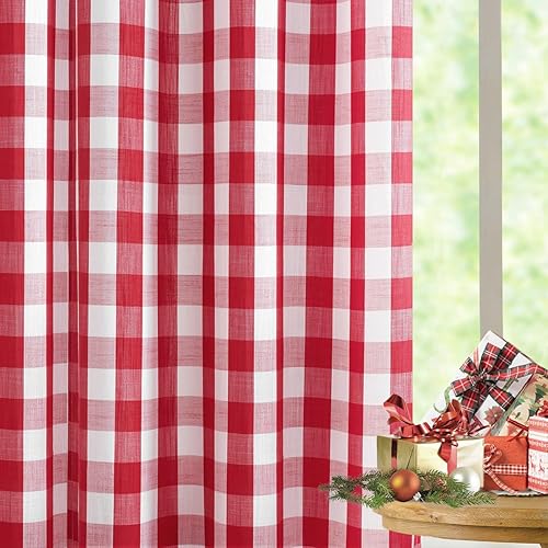 Vista 65 de Jubilantex Paneles de cortina semitransparentes a cuadros rojos y blancos, cortinas texturizadas a cuadros, cortinas de ventana de granja con ojales