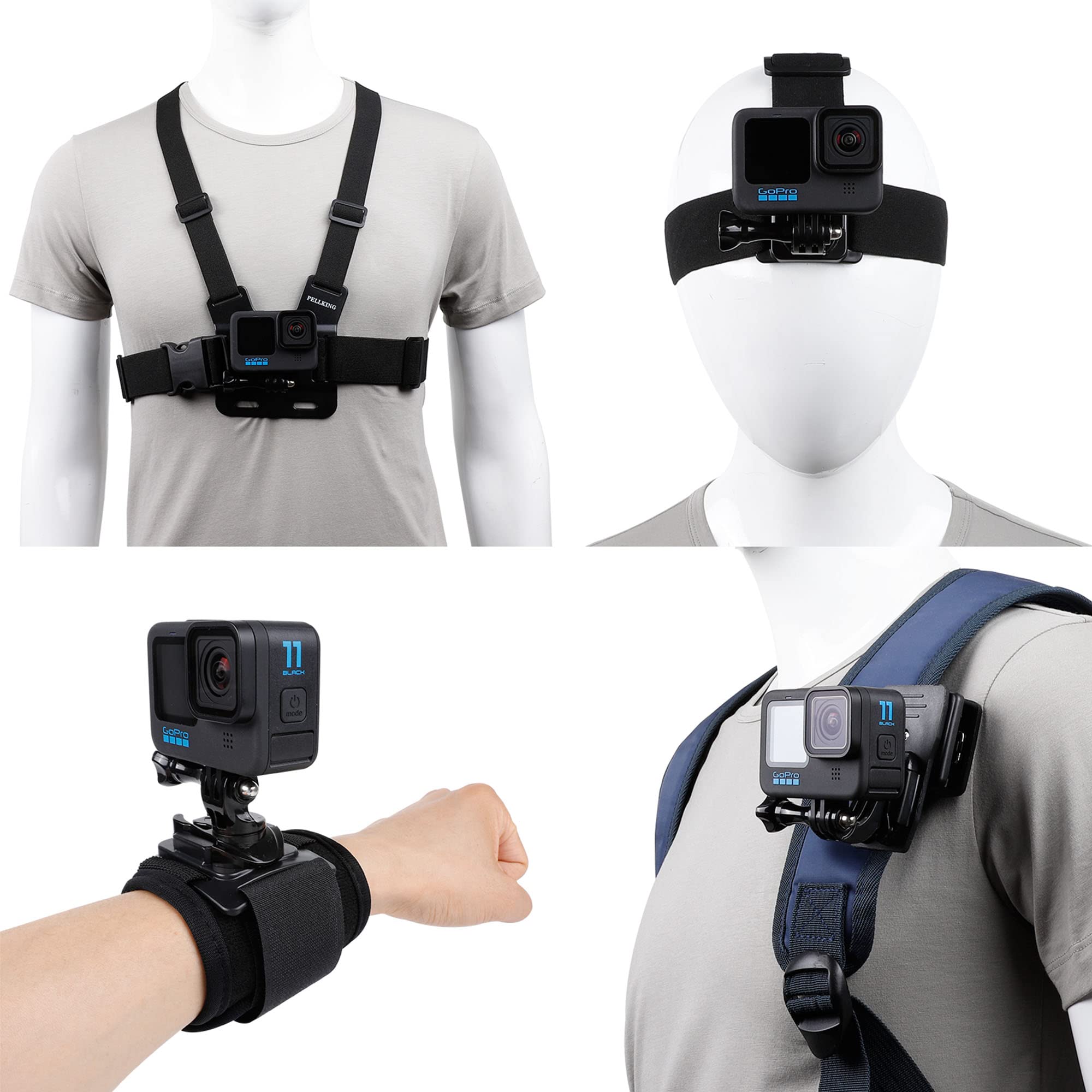 Accessories Set for GoPro Hero 11/10/9/8/7/6/5/4,New Quick Release Head Strap Mount + Chest Mount Harness + Backpack Clip Holder + 360°Rotating Wrist Strap