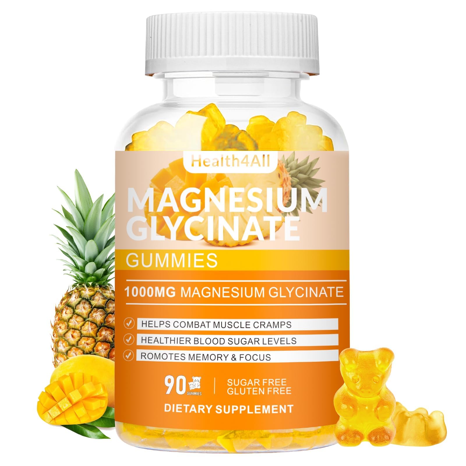 Magnesium Glycinate Gummies 1000mg, High Absorption Sugar Free Magnesium Potassium Supplement for Relaxation, Stress Relief, and Sleep Support for Adults & Kids - 90 Mango Pineapple Gummies
