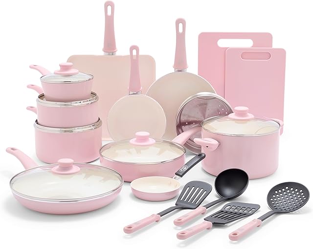 GreenLife Miękki uchwyt zdrowe ceramiczne nieprzywierające 23-częściowe naczynia kuchenne garnki i sosy do smażenia zestaw patelni do smażenia z przyborami kuchennymi, bez PFAS, można myć w zmywarce,