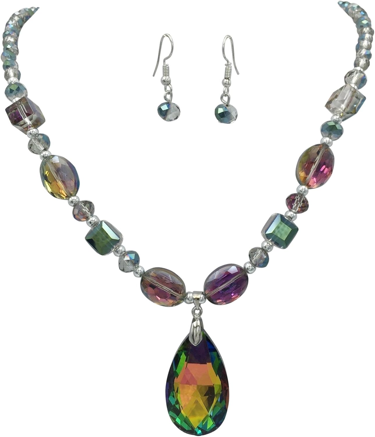 Gypsy Jewels All Glass Simple Beaded Teardrop Dangle Statement Necklace Earrings Set (Vitrail Medium Rainbow)
