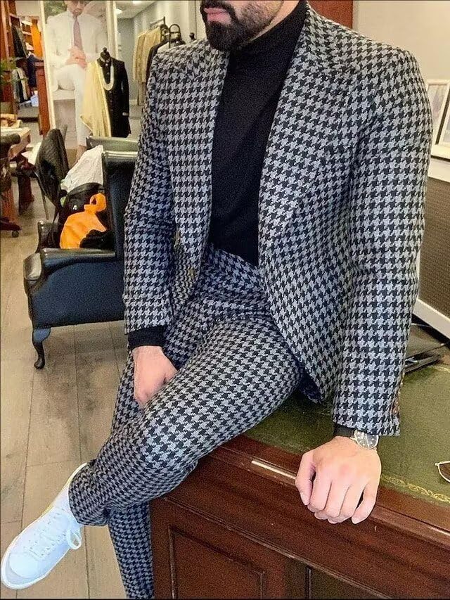 Men's Houndstooth Dogstooth 2 Pieces Suit Tweed Plaid Slim Fit Tuxedos Set Work Wedding Business Jacket Blazer Pants4
