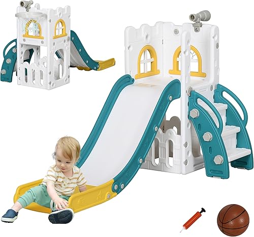 Qaba Tobogán 5 en 1 para niños pequeños, tobogán interior para niños de 1 a 3 años, juego independiente de escalador con aro de baloncesto,