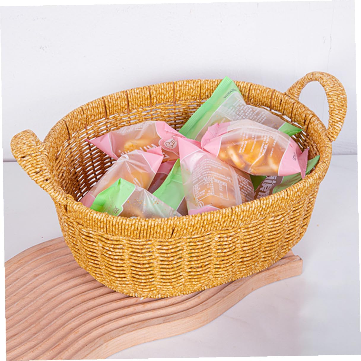 Simulated Rattan Serving Tray Basket with Double Handles Large Oval Deep Bread and Fruit Storage Basket Plastic Kitchen Snack Organizer for Household and Outdoor Picnic