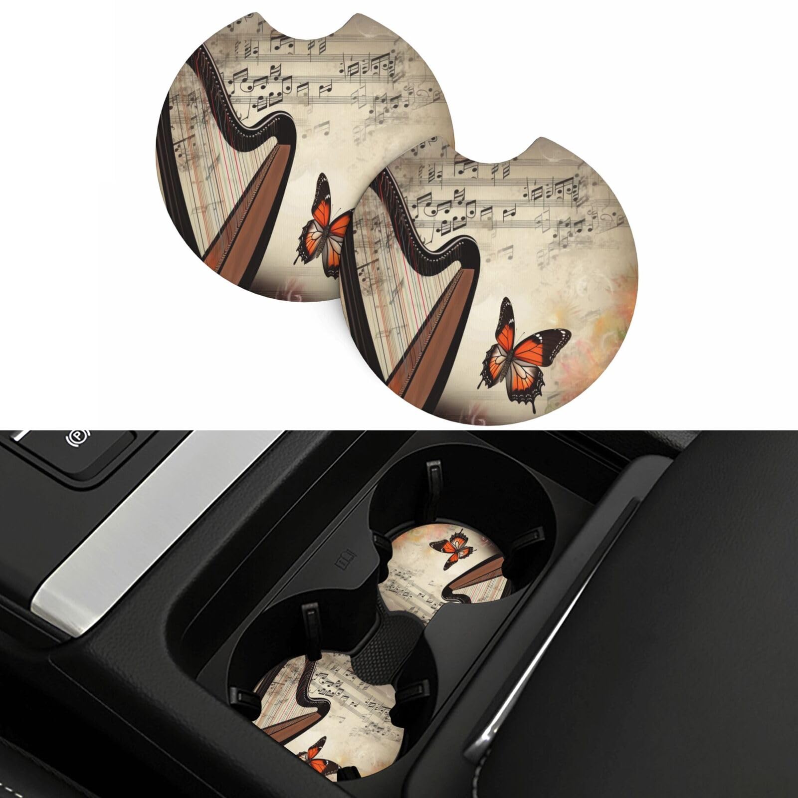 Music Background with Harp and Butterfly Car Coasters 2 Pcs, Universal Non-Slip Rubber Car Cup Holder for Cup Holders, 2.75 Inch Neoprene Cup Pad Mat Coaster Car Interior Accessories for Women Men