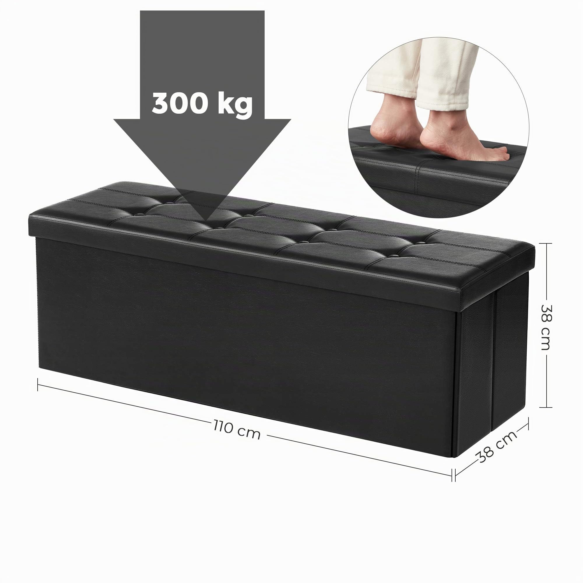 SONGMICS Cassapanca Contenitore 120L, Pouf Contenitore, Panca Poggiapiedi Pieghevole, Capacità di Carico di 300 kg, Seduta Imbottita, Nero LSF701