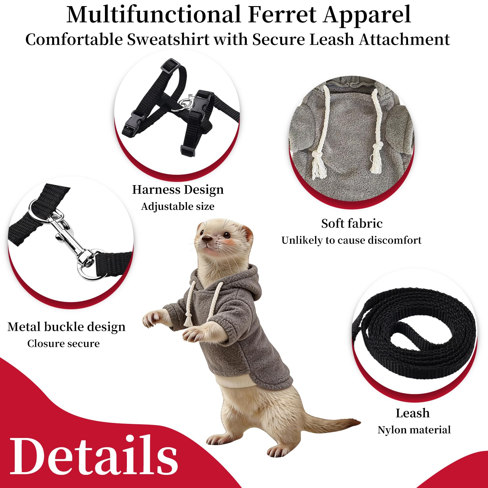 Ensemble vêtements et laisse pour furet, pull à capuche chaud avec harnais et laisse pour la promenade en plein air, vêtement confortable pour furets, chinchillas, petits animaux de compagnie, tenue