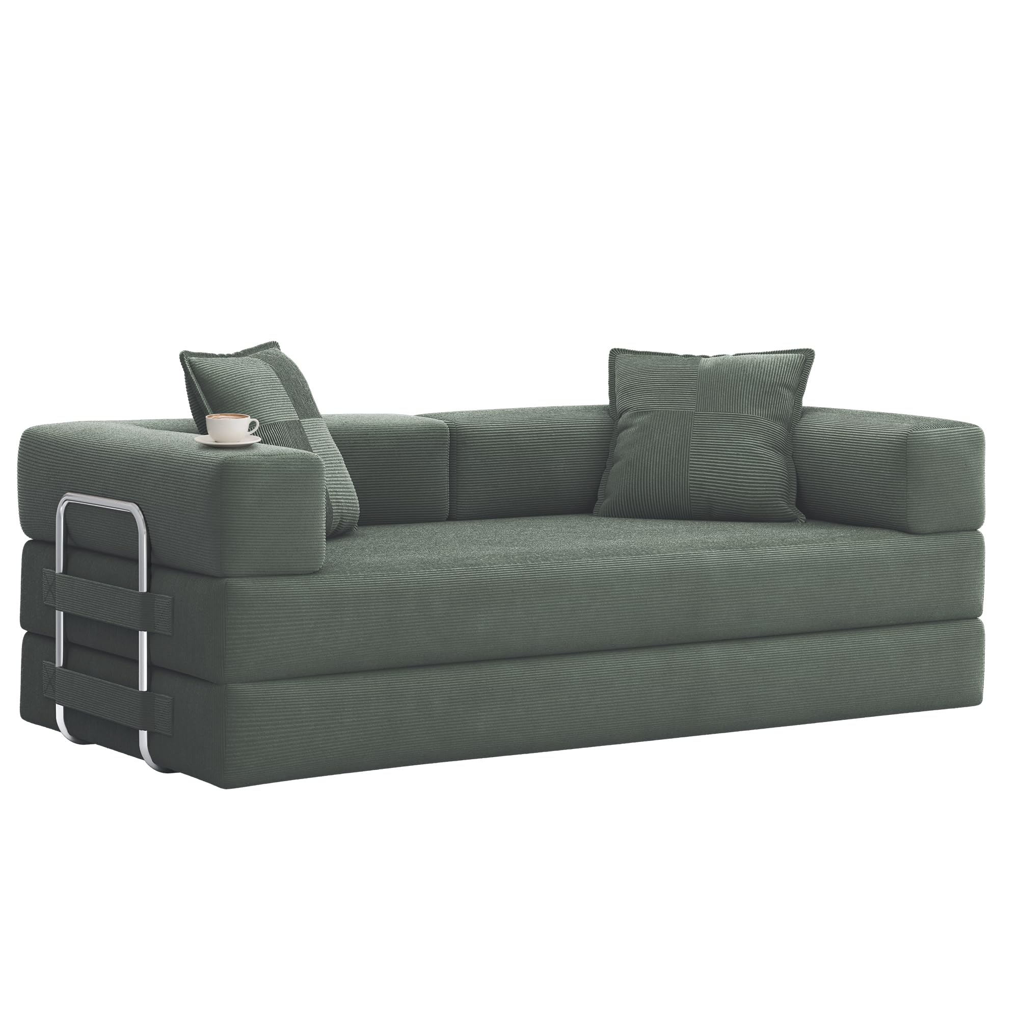 GRUSIGN 78 Inch Convertible Sofa Bed, 5-in-1 Futon Sofa Bed Pull Out Couch, Boneless Couch Bed for Living Room, Corduroy Boneless Couches for Bedroom, Apartment, No Assembly Sleeper Sofa Bed, Green