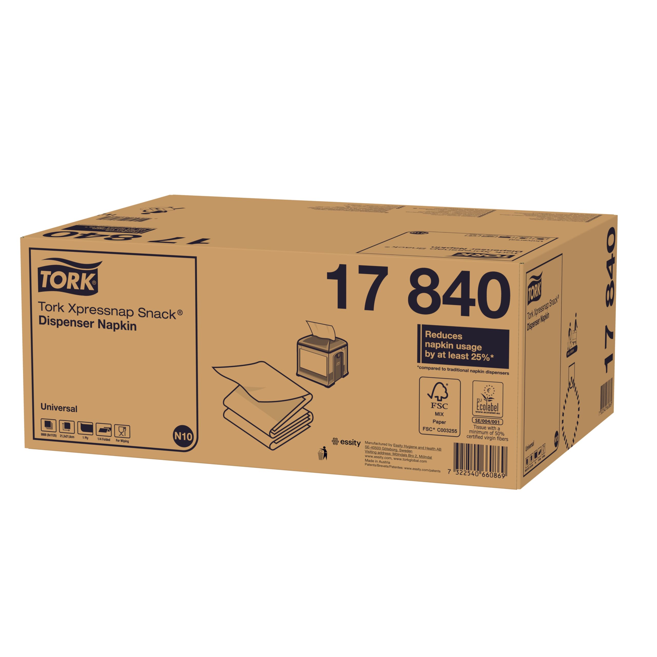 Tork 17840 Xpressnap Snack Weiße Spenderserviette / 1-lagige Papierservietten mit 1/4 Falz für Serviettenspender N10 / 8 x 5 x 225 (9000) Servietten / 21,6 x 21,3 cm (B x L)