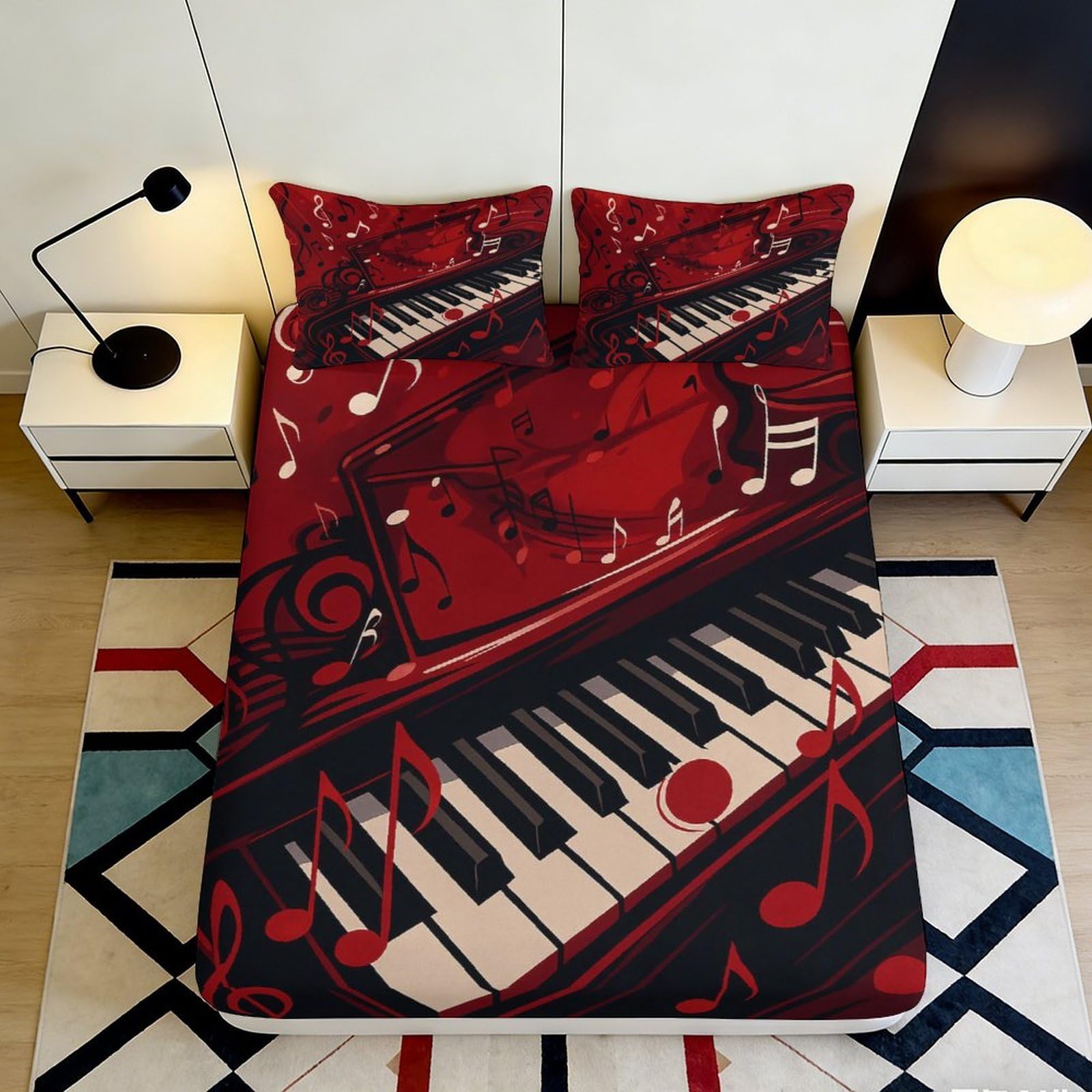 3D Printed Red Piano Music Notes Fitted Sheet Microfiber Soft Breathable Black Keyboard Bed Cover for Bedroom Dormitory Guest Room Mattress Protection 160x200x25cm