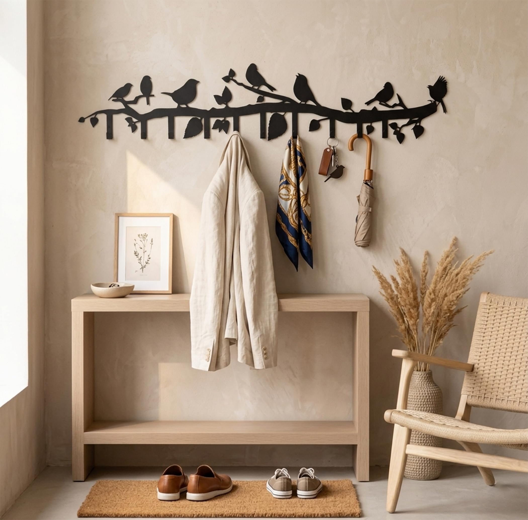 Dekadron Porte-manteau mural en métal sur le thème des oiseaux avec crochets pliants de 6 à 8 à 10 cm, support mural pour salle de bain, entrée, salon, chambre à coucher, crochets en métal, (100 x 21