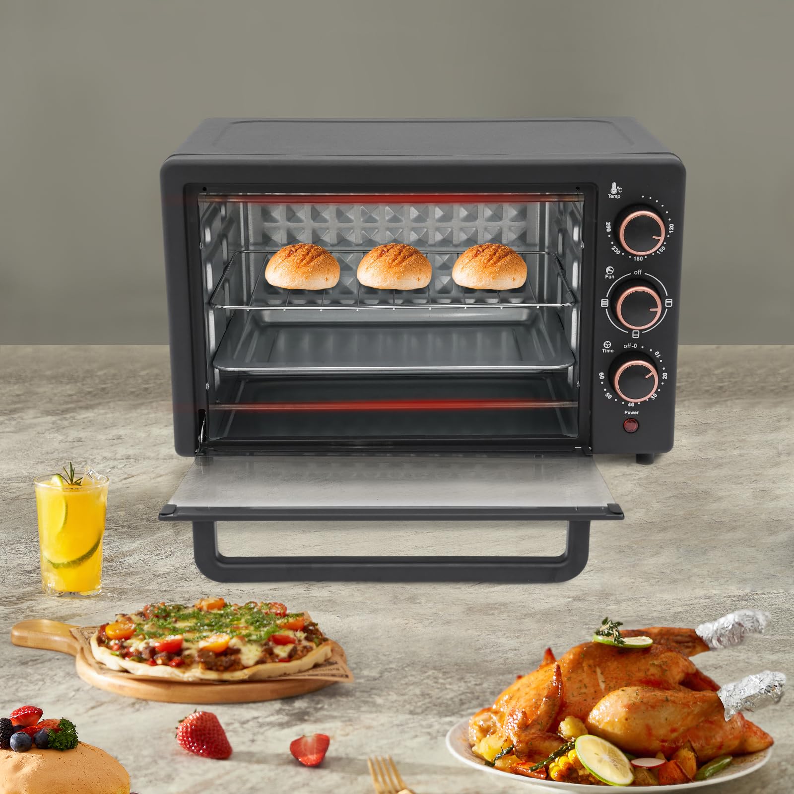 Piekarnik elektryczny, 22 l, z patelnią do grillowania i rusztem do grillowania, regulowana temperatura i timer, mini piekarnik do pizzy