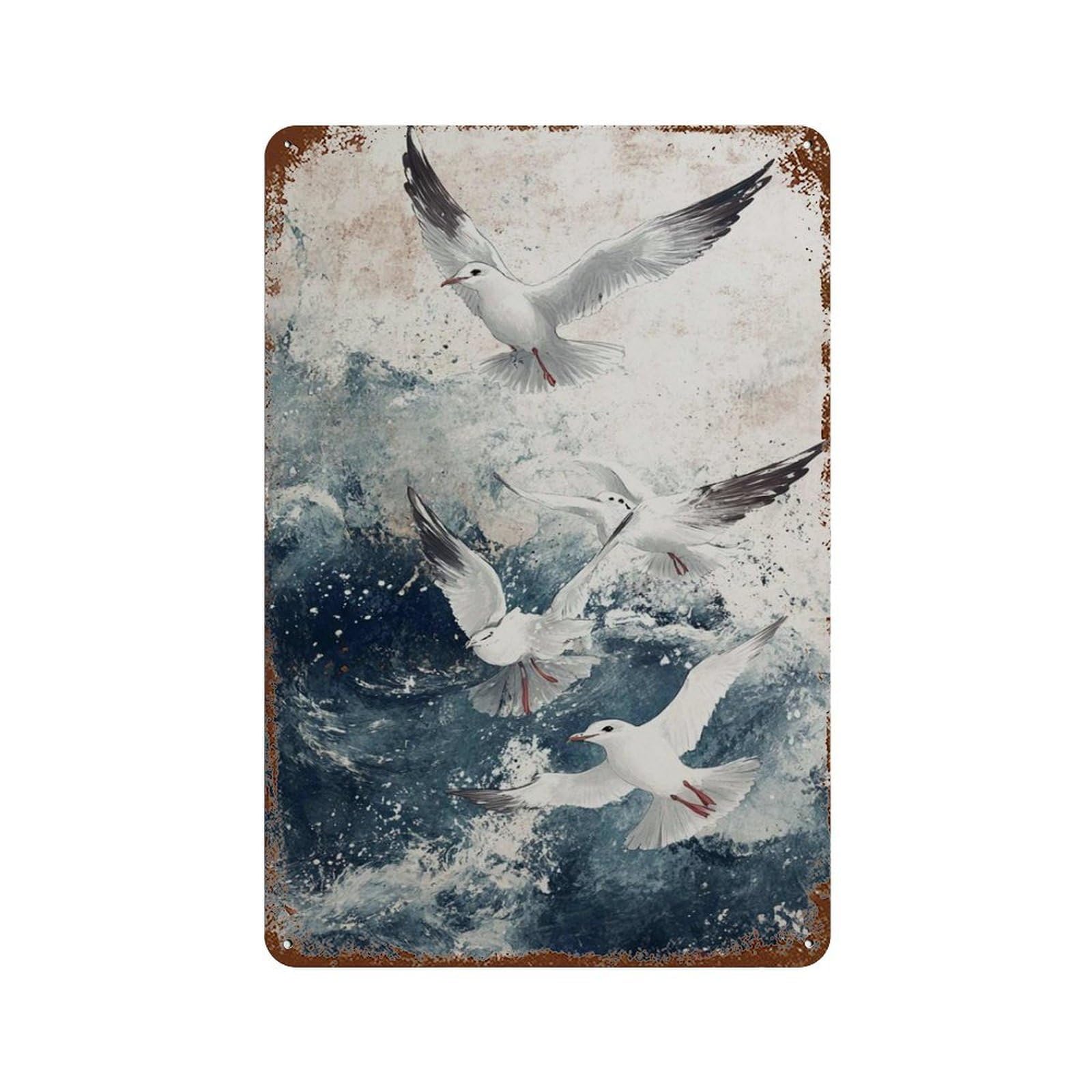 xiaoxiaoshen Seagulls in Waves Ocean Birds Coastal Nature Seascape Flying Beach Wave Wall Decor Art Metal Tin Poster Modern Home Decor Art Home Bar Shop Decorations Vintage Sign 30x20cm