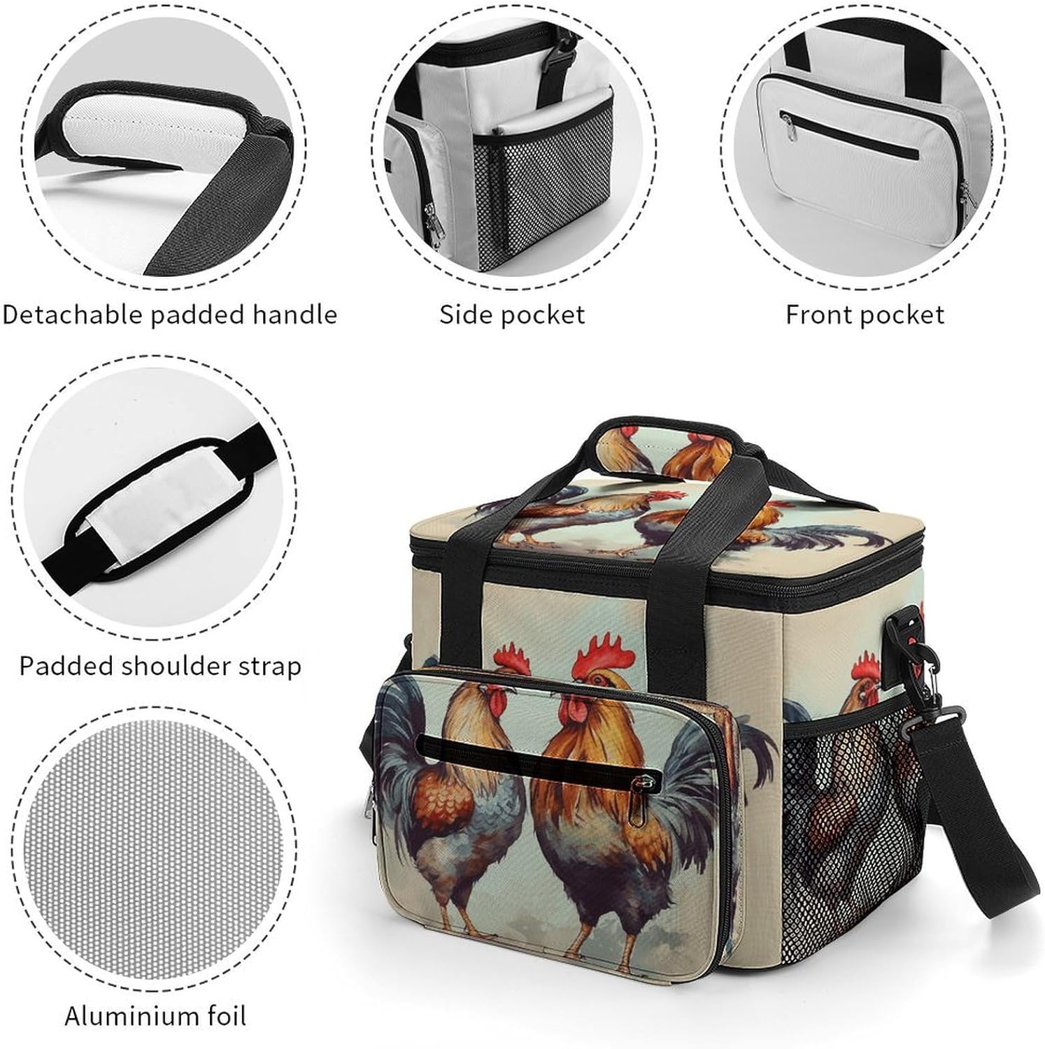 Rooster and Hen Cooler Bag Portable Insulated Lunch Bags Leakproof Ice Chest Large Capacity Soft Cooler Tote for Picnic Camping Work Travel Keep Food Drinks Fresh 22.5L