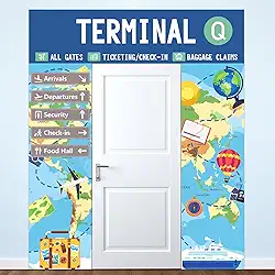 3 peças de faixa de porta de terminal de aeroporto decoração de faixa de varanda temática de viagem decoração de festa de aeroporto mapa do mundo de avião pano de fundo pendurado para festa de