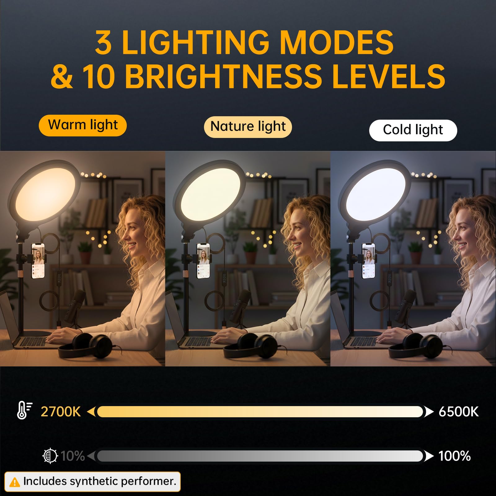 Illuminazione a LED con zoom, 26,7 cm, luce per streaming, regolabile, da scrivania, con supporto per telefono, 30 modalità di illuminazione, lampada da tavolo per videoconferenze, streaming, podcast