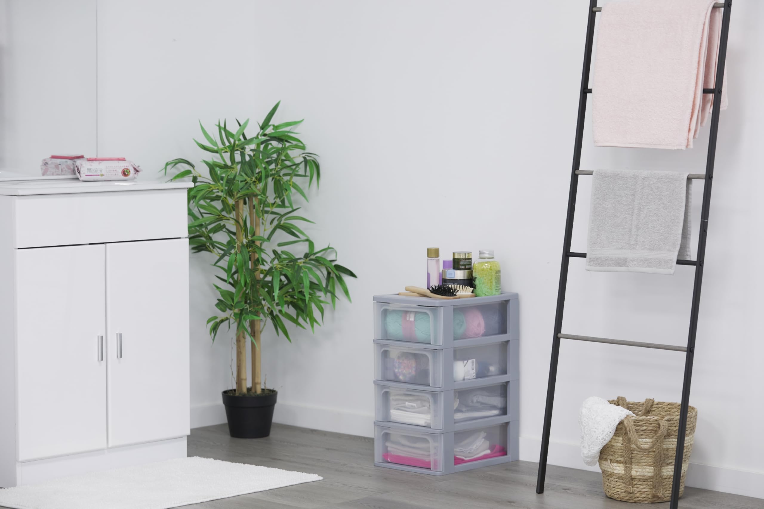 Iris Ohyama Cassettiera in Plastica, Portaoggetti, 4 Cassetti Medi, Grigio, Apertura Facile, Formato A4, A5 e A6, Organizzatore, Per Ufficio, Scuola, Cartoleria, Senza BPA, Contenitore, OCH-2004