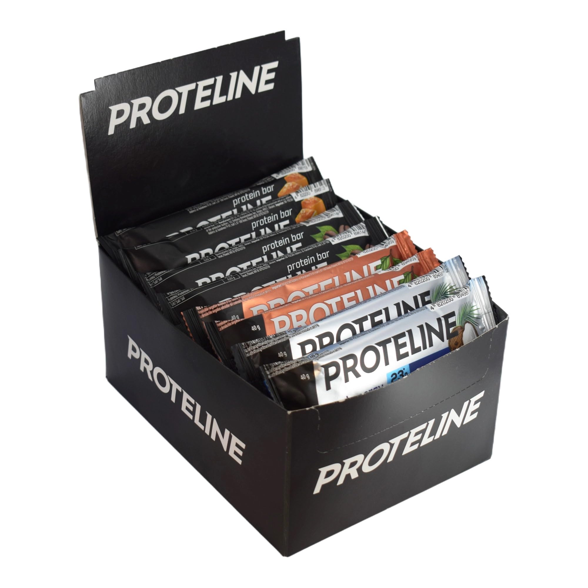 Proteinriegel MIX – gesalzenes Karamell, Kaffee, Kokos, Schokolade – 24 × 40 g – PROTELINE – 26% Protein