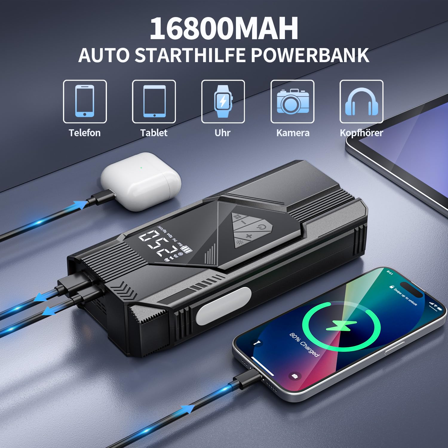 FINIBO powerbank rozruchowy do samochodów z kompresorem, czarny