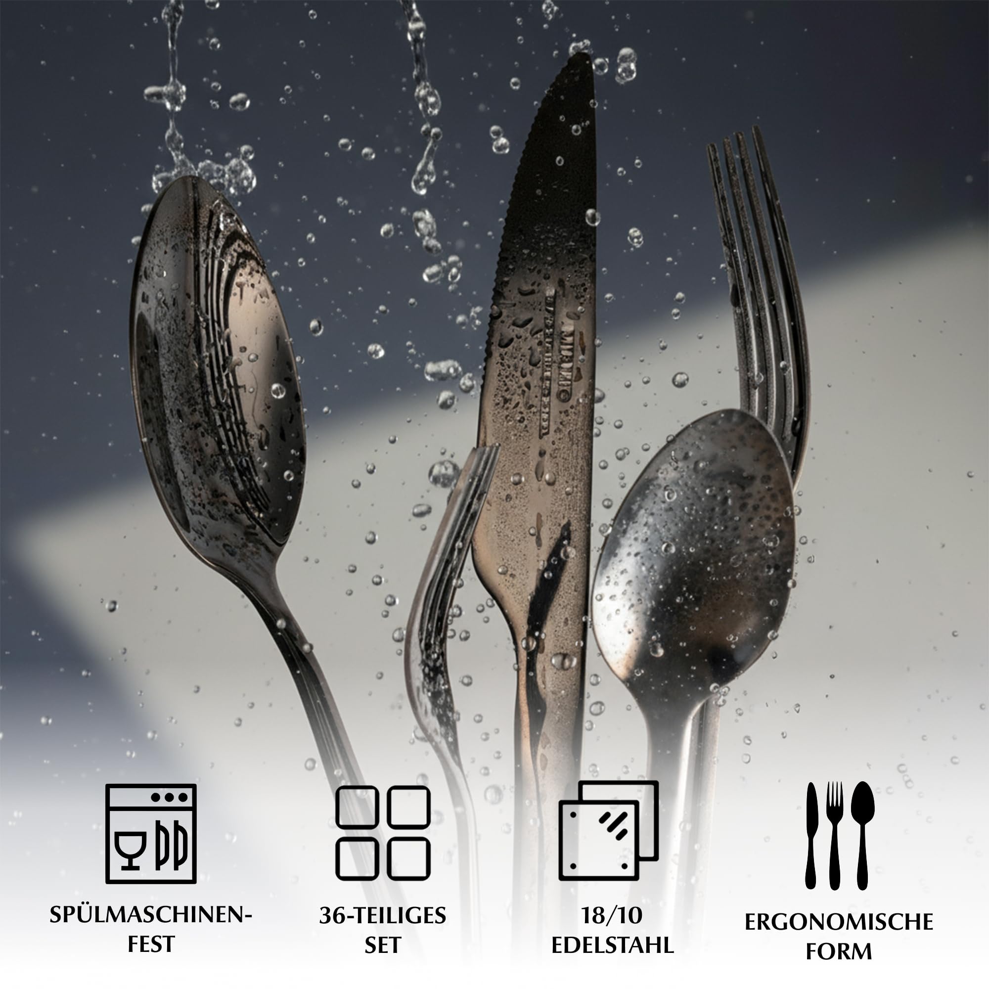 MIAMIO - Besteckset/Edelstahl Besteck Set 36er, Edelstahl 18/10 (Schwarz) | Besteck Set 18/10 Edelstahl, Besteckset mit (Steak-)Messern, Gabeln & Löffeln (36-Teilig) für 6 Personen - spülmaschinenfest