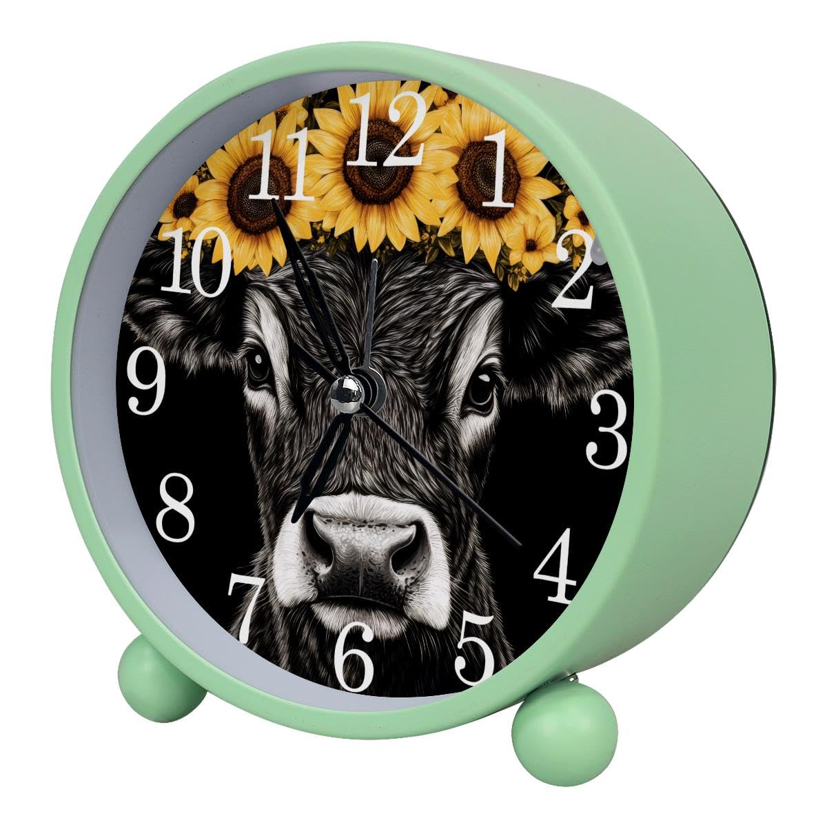Luoweisi Alarm Clock Sunflower Cow, Silent Non-Ticking with Night Light, Round Metal Alarm Clock for Office, Battery Operated, Bedroom, Elderly, Adults, Children, Student Gifts