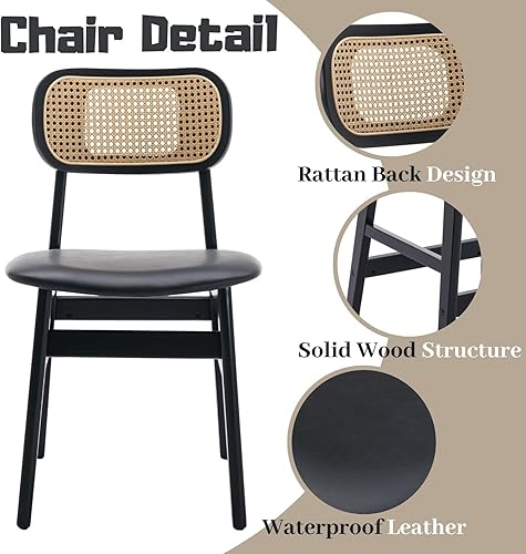 Miniatura 5 de Juego de 2 sillas de comedor negras de piel sintética con respaldo de ratán, sillas de cocina de granja, sillas laterales de madera