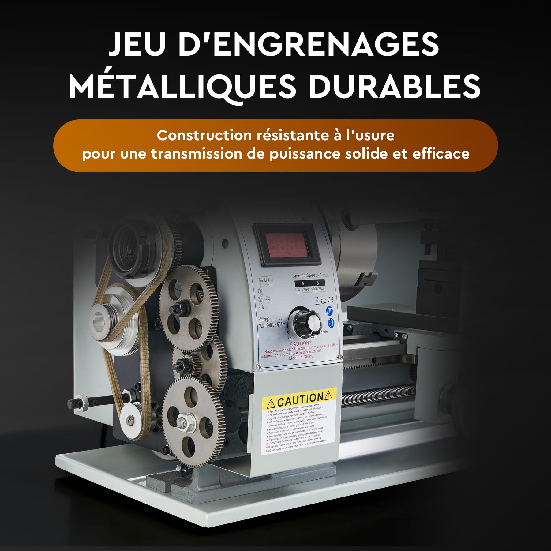 CREWORKS 750W Mini Tour à Métaux d'Établie 210x400mm 8"x16" Haute Précision avec Mandrin à 3 Mâchoires et Vitesse de Broche Max. 2500rpm Écran LCD pour Filetage Tournage Perçage