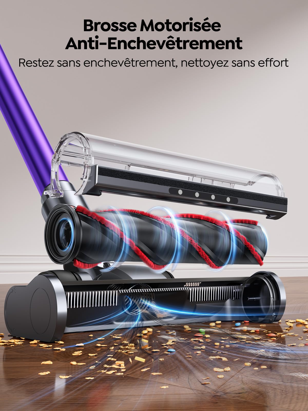 SMOTURE 600W 50KPa Aspirateur Balai sans Fil, 65 Mins Aspirateur sans Fil Puissant avec Brosse Matelas, Charge Murale et Écran LED, Auto Aspirateur Balai pour Poils d’Animaux/Sols Durs/Tapis/Voiture