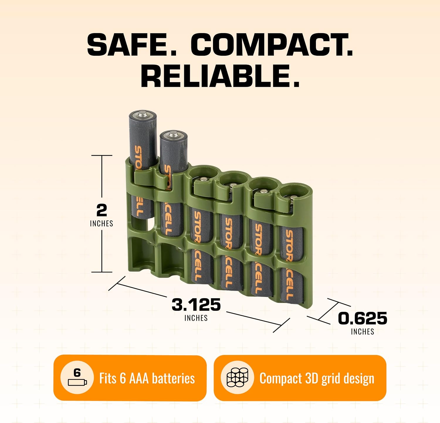 AAA Battery Storage Caddy by Storacell, Military Green, Holds 6 Batteries (Not included)