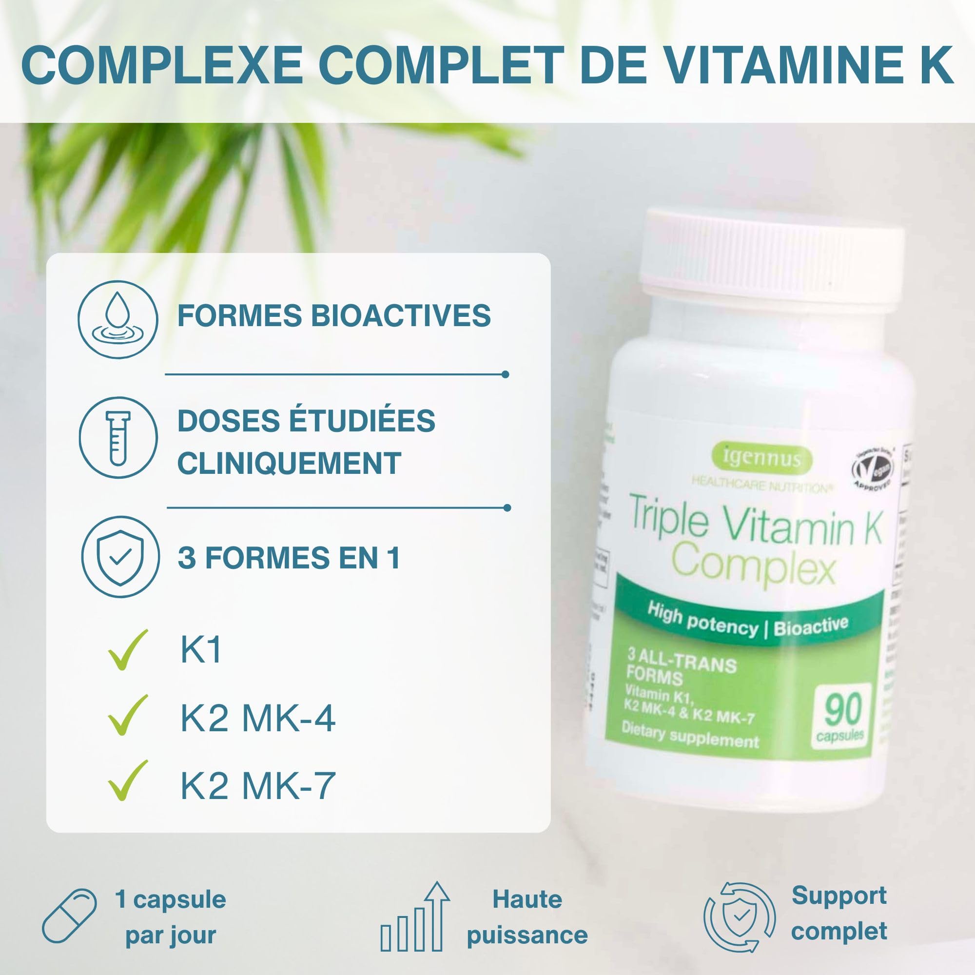Igennus Triple Vitamine K Complex Avancé 2700 mcg, K2 (MK-4 & MK-7) & K1, Formes Naturelles Bioactives, Haute Puissance, Santé Osseuse et Cardiovasculaire, Formule Pure, Végan, 90 Gélules, 1 par jour