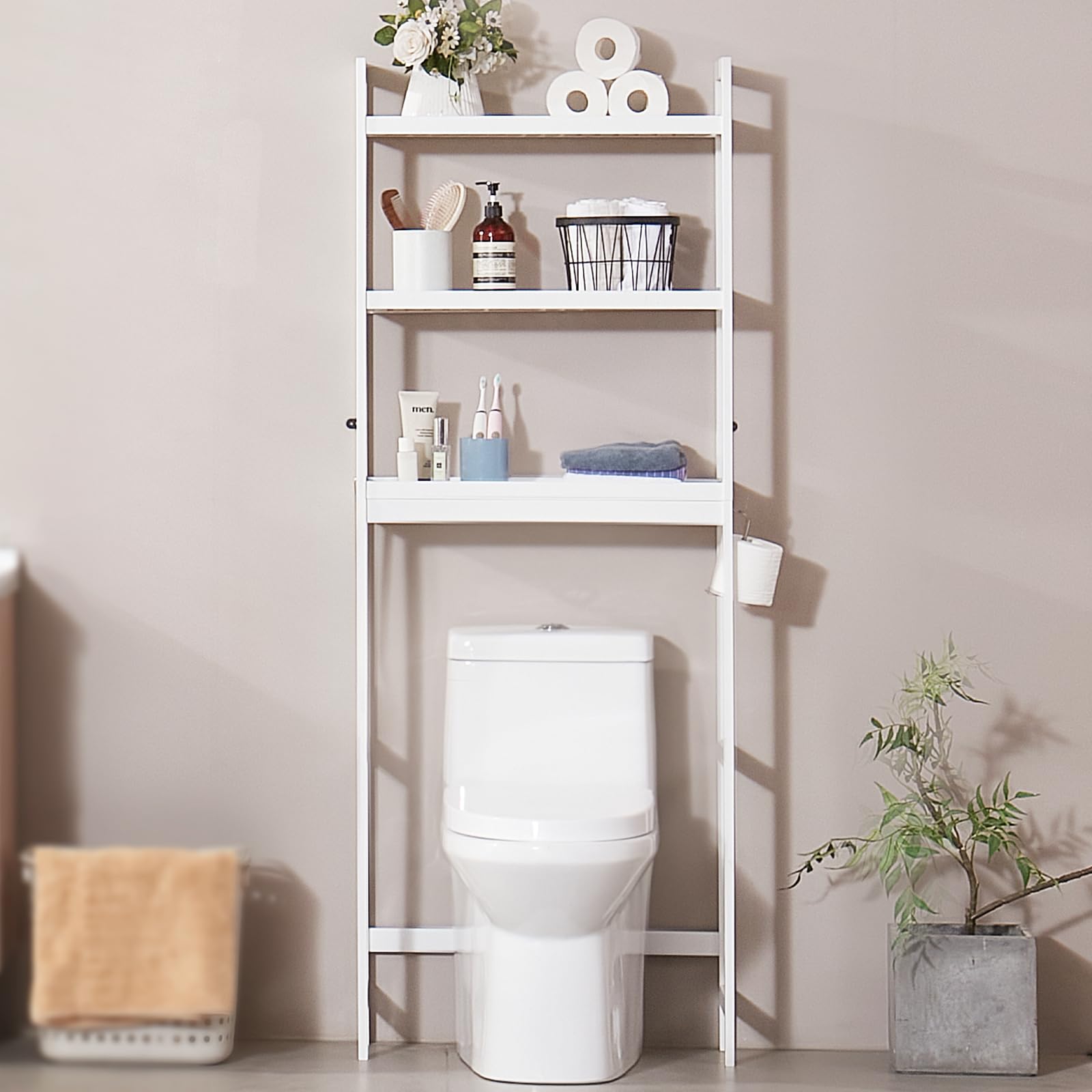VEVOR Estante para Inodoro Ajustable de 3 Niveles Almacenamiento sobre Inodoro Estantería de Madera para Baño con 3 Ganchos Mueble de Baño Adecuado para la Mayoría de los Inodoros, Lavadero, Blanco