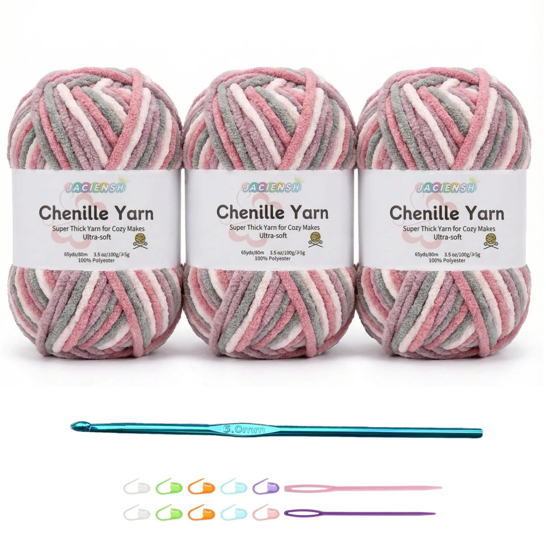 Jaciensh Thick Chenille Yarn, 3x100g Fluffy Chunky Yarn for Crochet, 5mm Crochet Hook Included, Great for Blankets Scarves and Suitable for Beginners & Pros (Dusty Rose - 3)