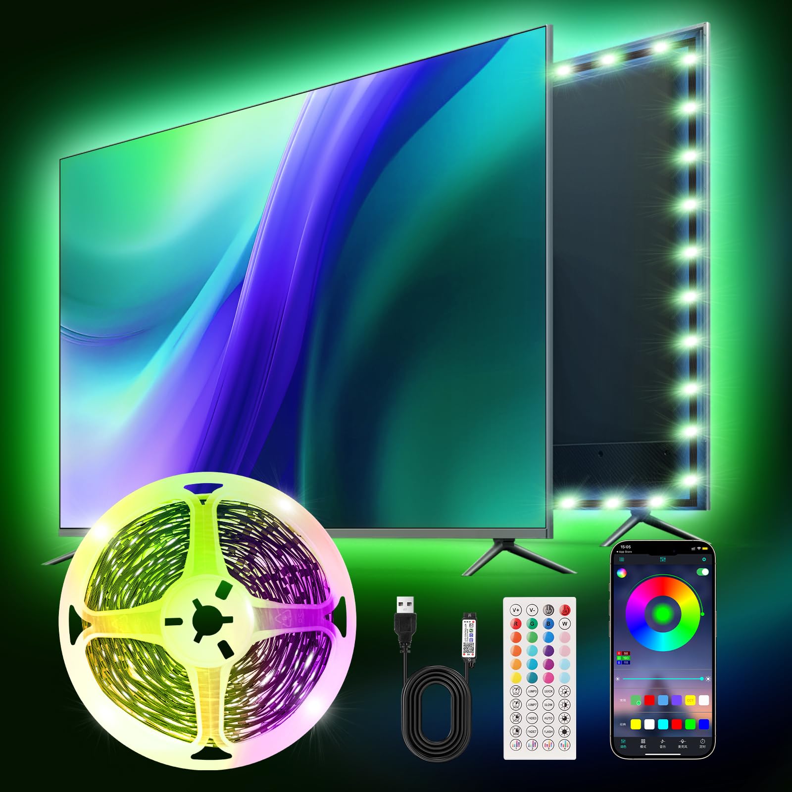 9 84ft Smart RGB LED TV Backlight Strip for 32-45 Inch TVs Music Sync Bluetooth App Remote Control