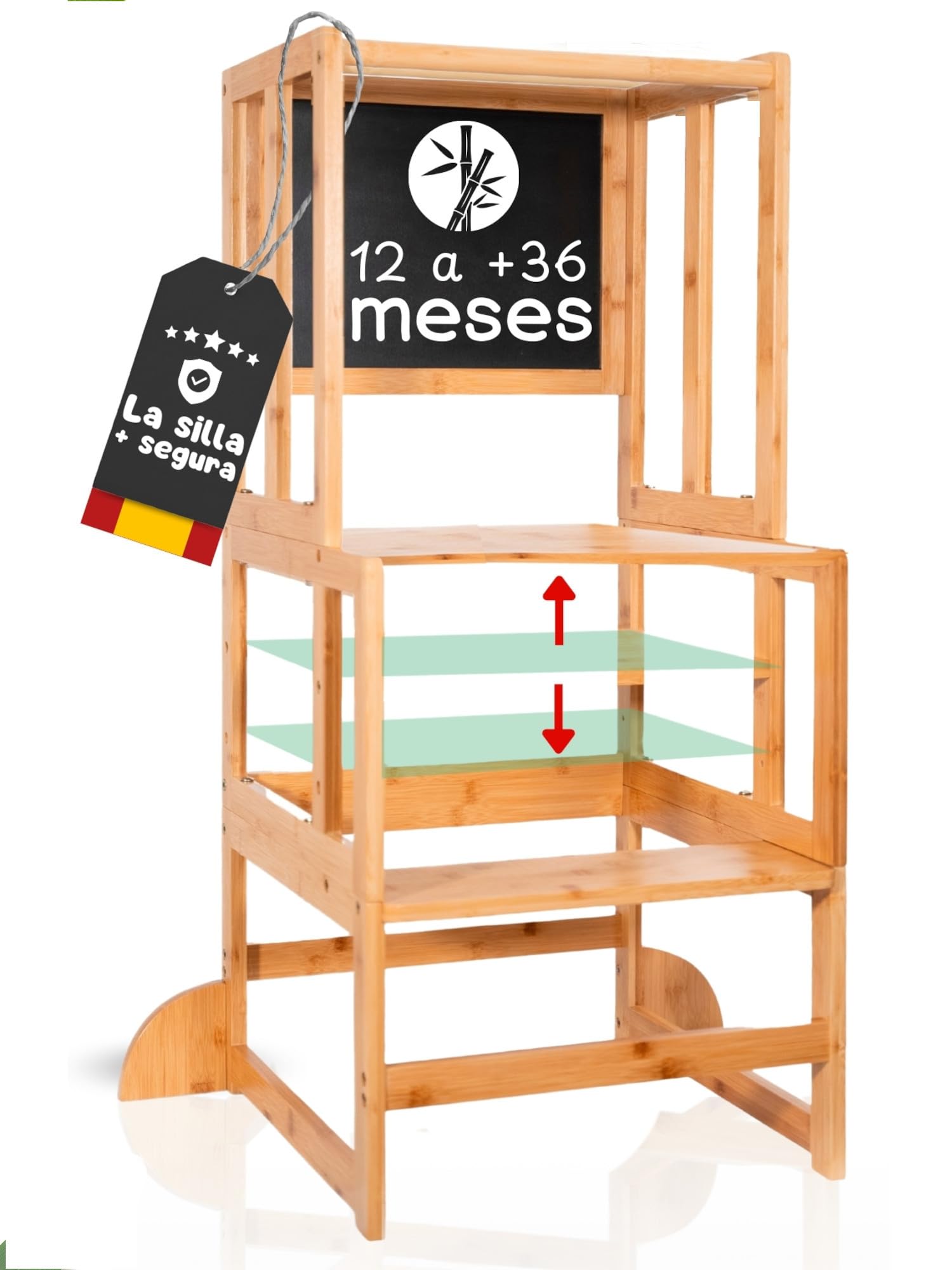 Torre de Aprendizaje Montessori de Bambú Antivuelco, Taburete Infantil y Juguetes