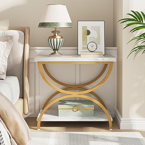 Miniatura 4 de Tribesigns Juego de 2 mesas auxiliares rectangulares de 2 niveles, mesita de noche moderna de mediados de siglo con mesa de mármol sintético para