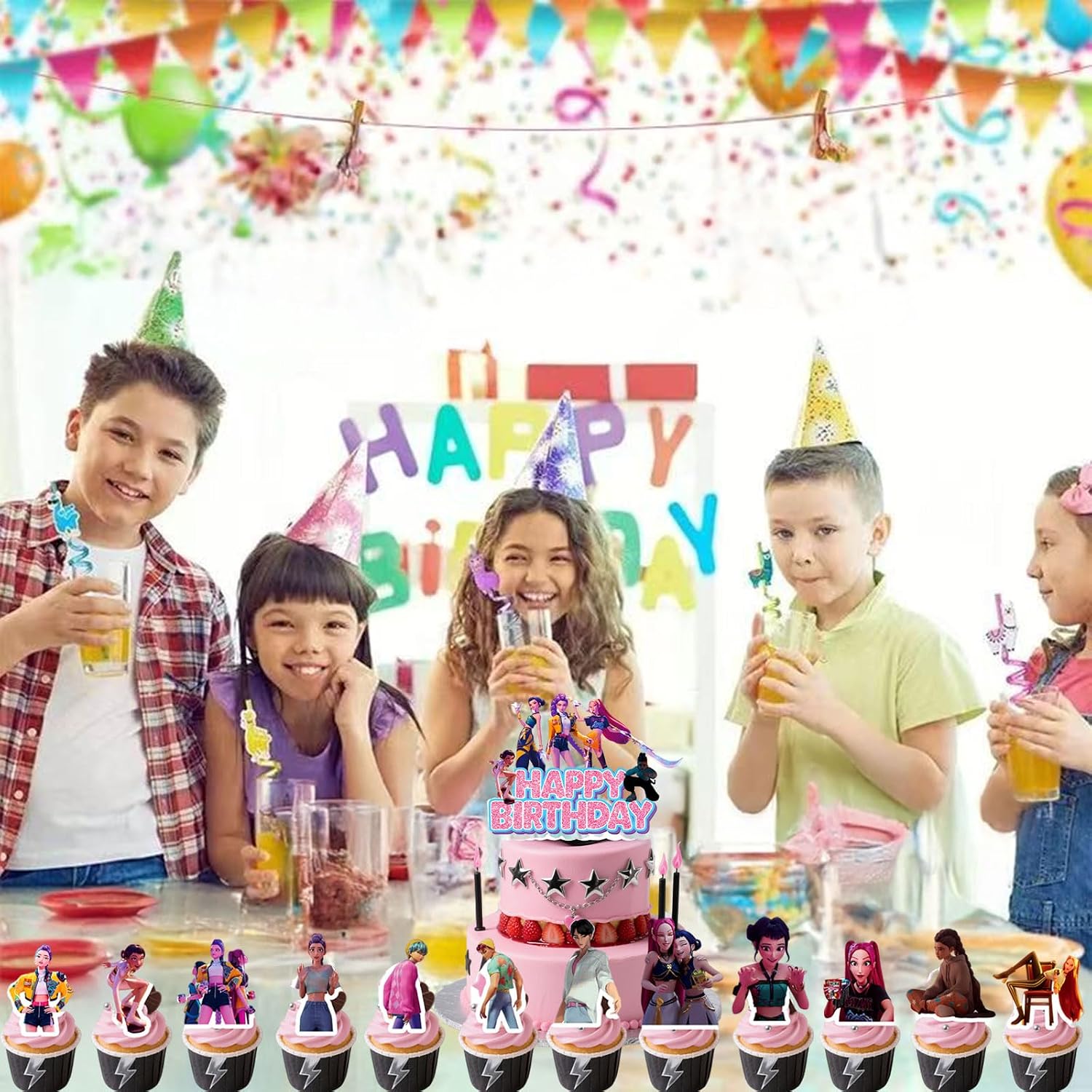 Anime Party Decorations, Cartoon Happy Birthday Decorations, Banner Suit, Includes Banners, Cake Toppers, Hanging, and Dessert Toppers
