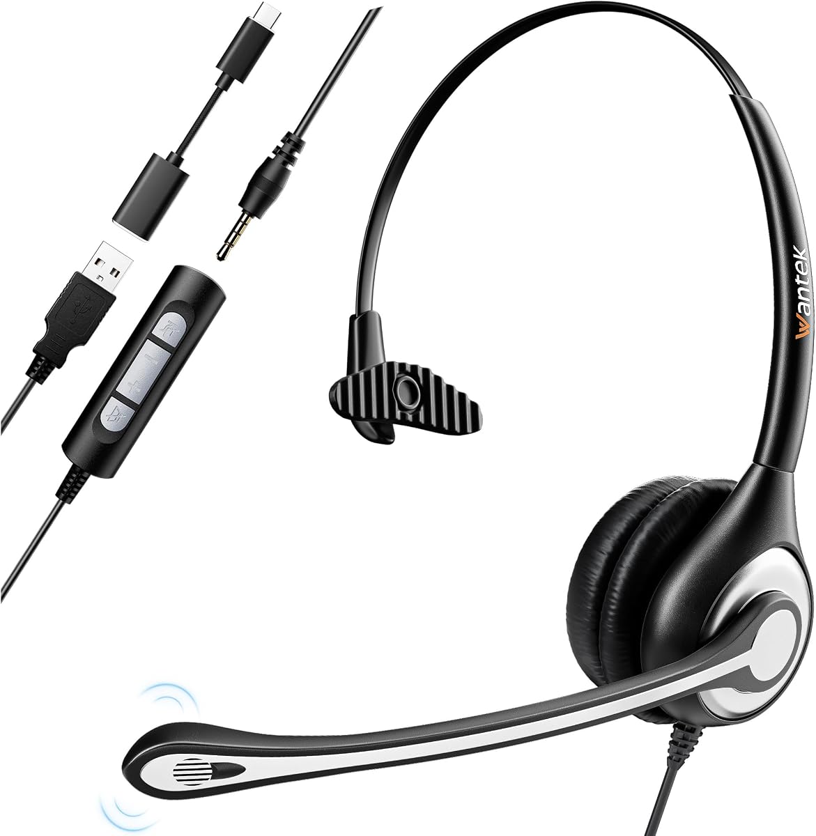Wantek Auriculares con micrófono, Auriculares USB con micrófono para PC, Auriculares para computadora con micrófono con cancelación de Ruido y Silencio para Reuniones de Zoom de Skype en línea de Oficina en casa