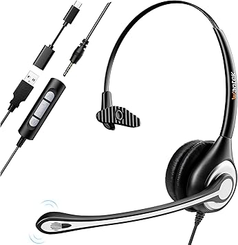 Wantek Headset wtih Mic, USB Headset with Microphone for PC, Computer Headset with Noise Canceling Microphone with Mute for Home Office Online Skype Zoom Meetings