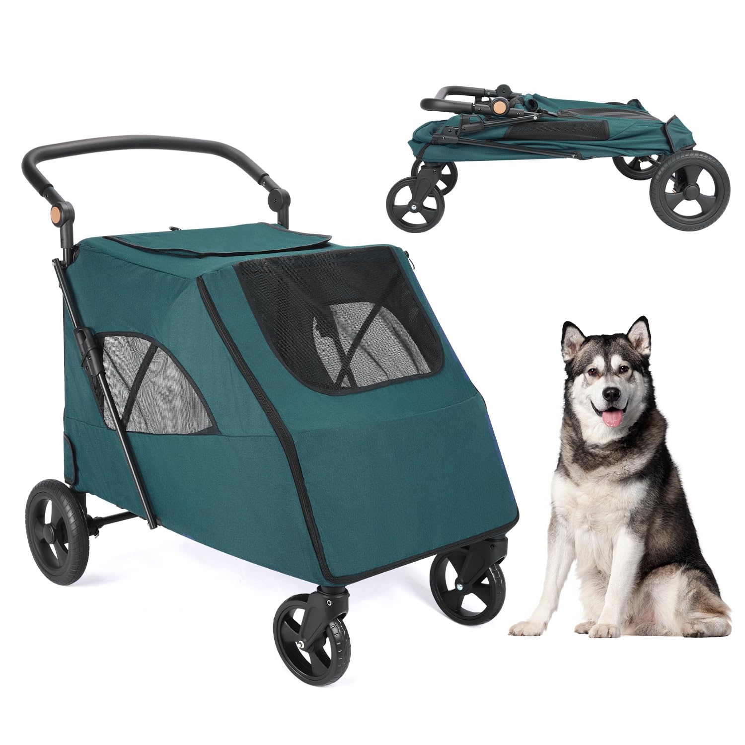 Large Dog Pet Stroller, Foldable Cart with 4 Wheels, Up to 100 Pounds, Mesh Skylight Pet Strollers for Small to Large Dogs and Other Pet Travel, Storage Space Pet Can Easily Walk Outoor (Dark Green)