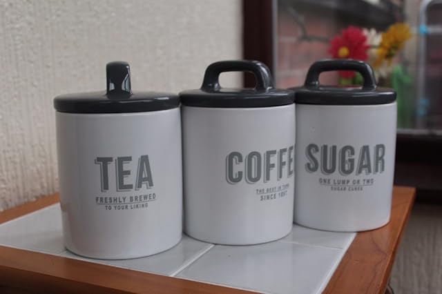 RETRO GREY SET OF 3 CERAMIC TEA COFFEE SUGAR STORAGE JARS CANISTERS NEW