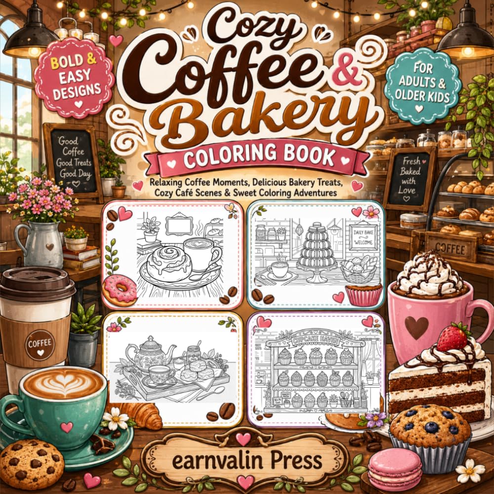 Cozy Coffee & Bakery Coloring Book: Relaxing Café Scenes, Fresh Pastries, Sweet Treats & Coffee Moments for Stress Relief and Creative Fun (Cozy Food, Drink & Sweets Coloring Series)