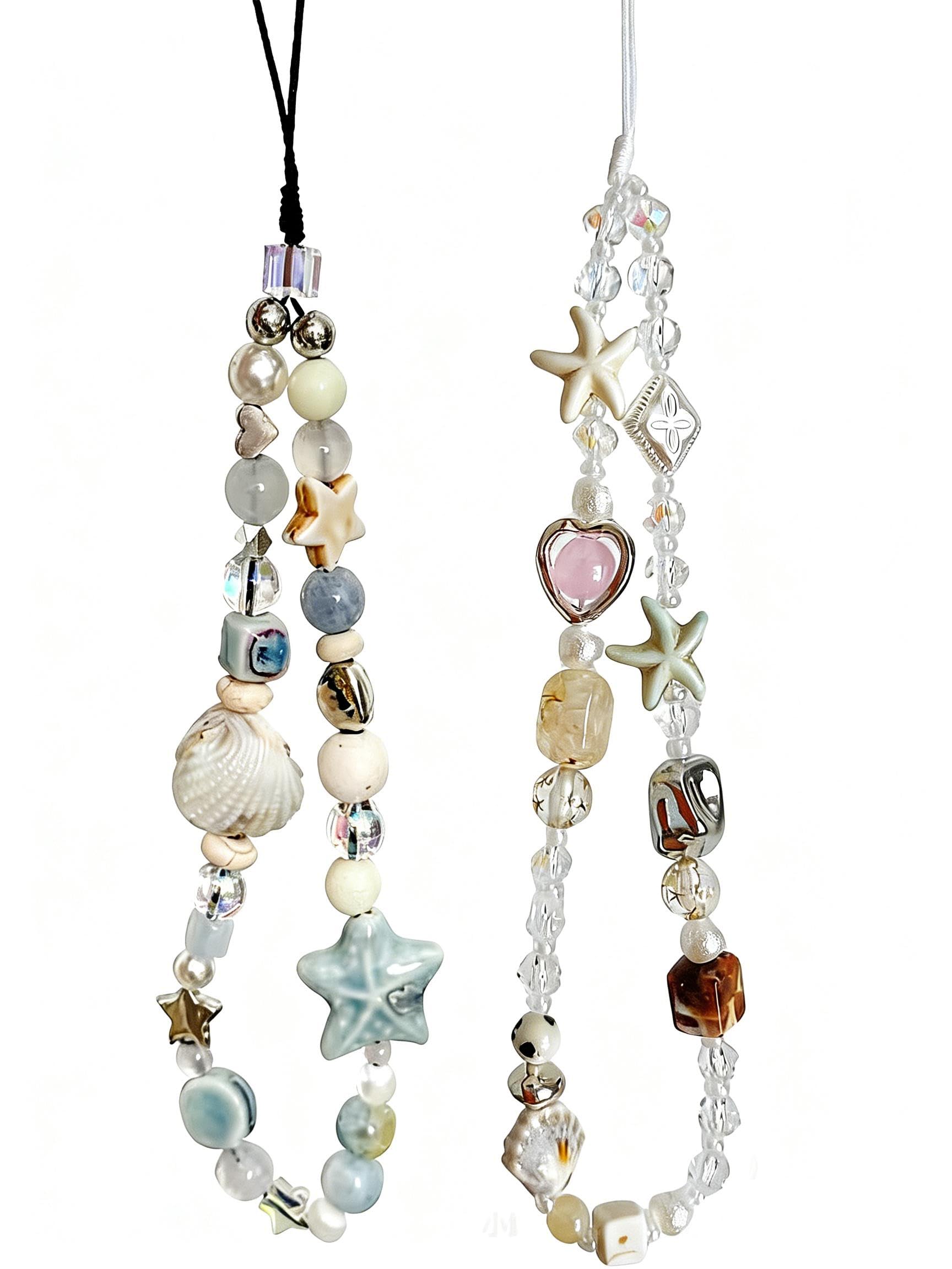 2 Pcs Phone Charm Strap Universal Hand Phone Wrist Strap Camera Lanyard Pearl Beaded Cute Chain String Accessories Universal for iPhone 16 Pro Max Samsung Women Girls Phones Bag Keychain Beach Style