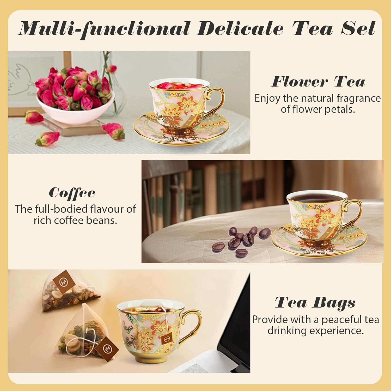 Tea Cups and Saucers Set of 6, Porcelain Vintage Floral Tea Set for Espresso, Coffee, Mocha, Cappuccino, Women Afternoon Tea Party (Orange) - Image 4